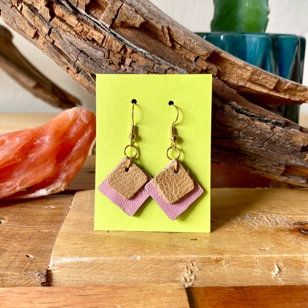 Leather Earrings Fish Hook Minimal Tan and Pink Diamond
